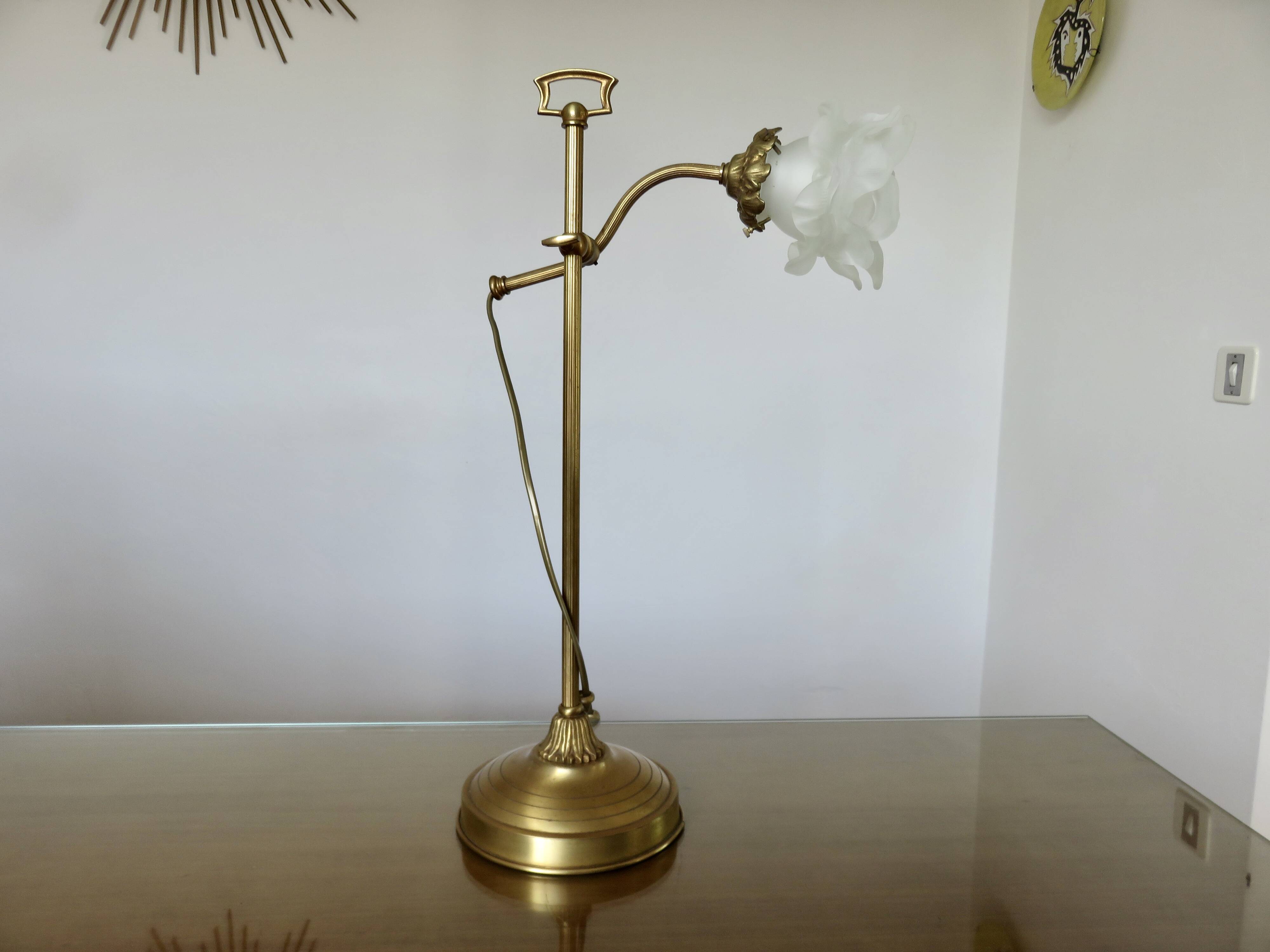 Large art nouveau brass lamp with frosted glass tulip in the shape of a rose