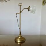 Large art nouveau brass lamp with frosted glass tulip in the shape of a rose