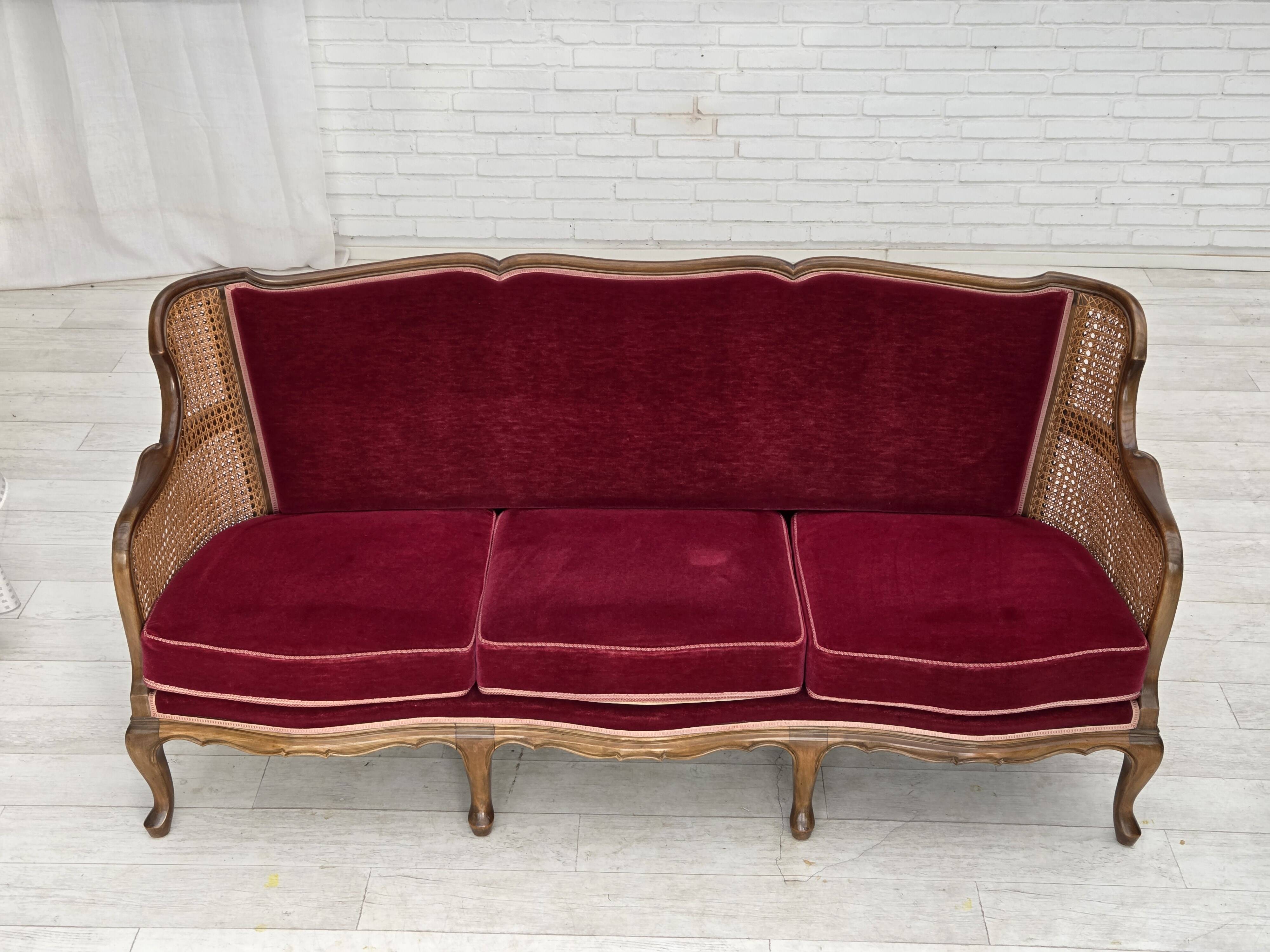 1950s, Danish 3-seater sofa, furniture velour, ash wood, mesh.