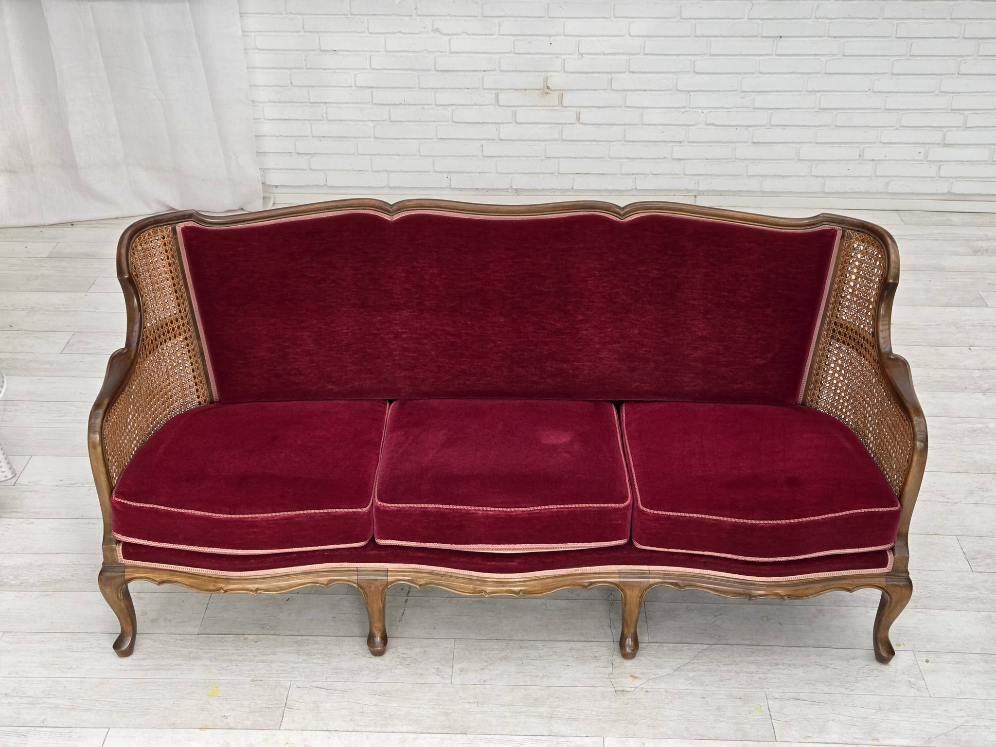 1950s, Danish 3-seater sofa, furniture velour, ash wood, mesh.