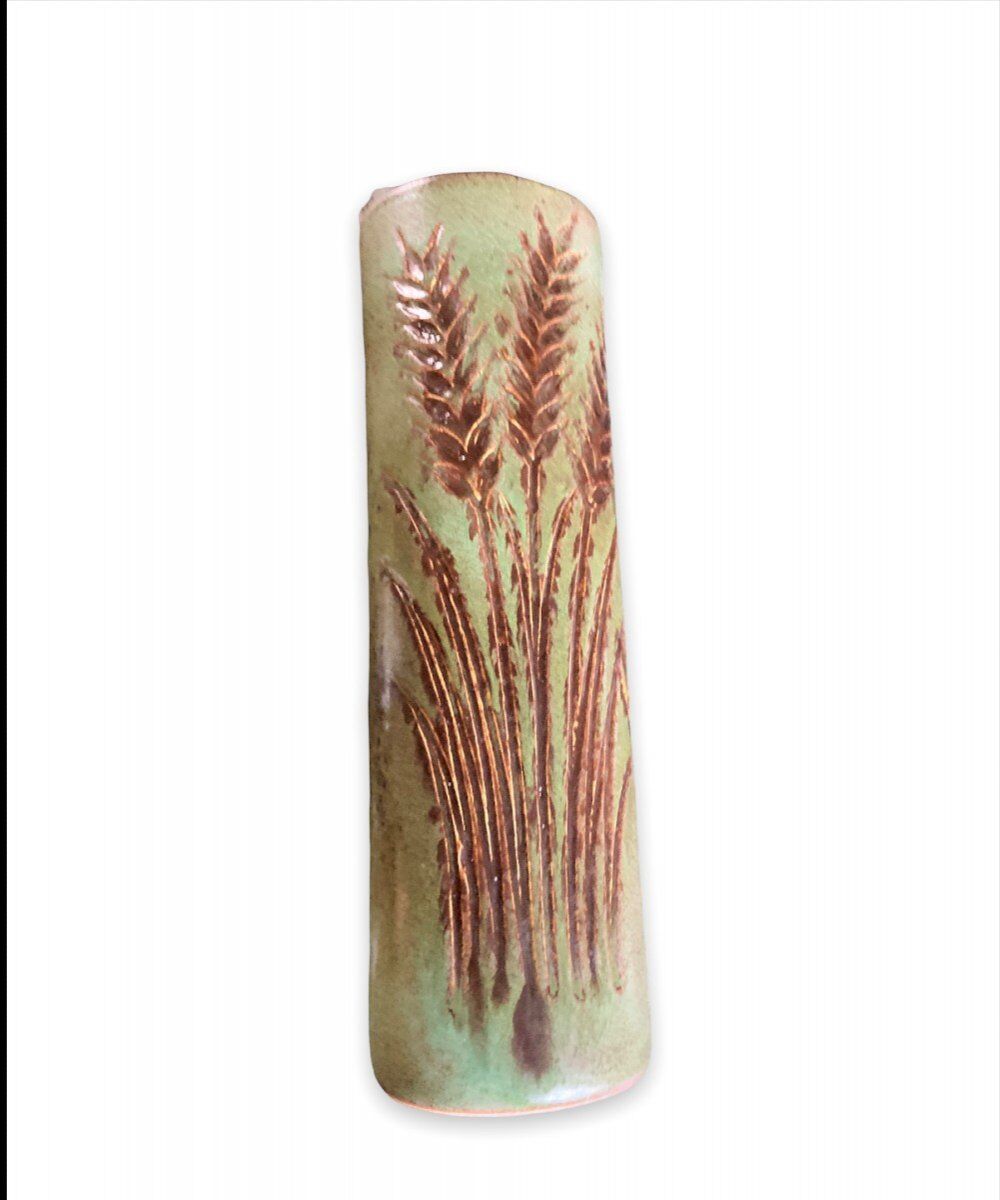 Vase rouleau fond vert midcentury, La Poterie PÉrigourdine