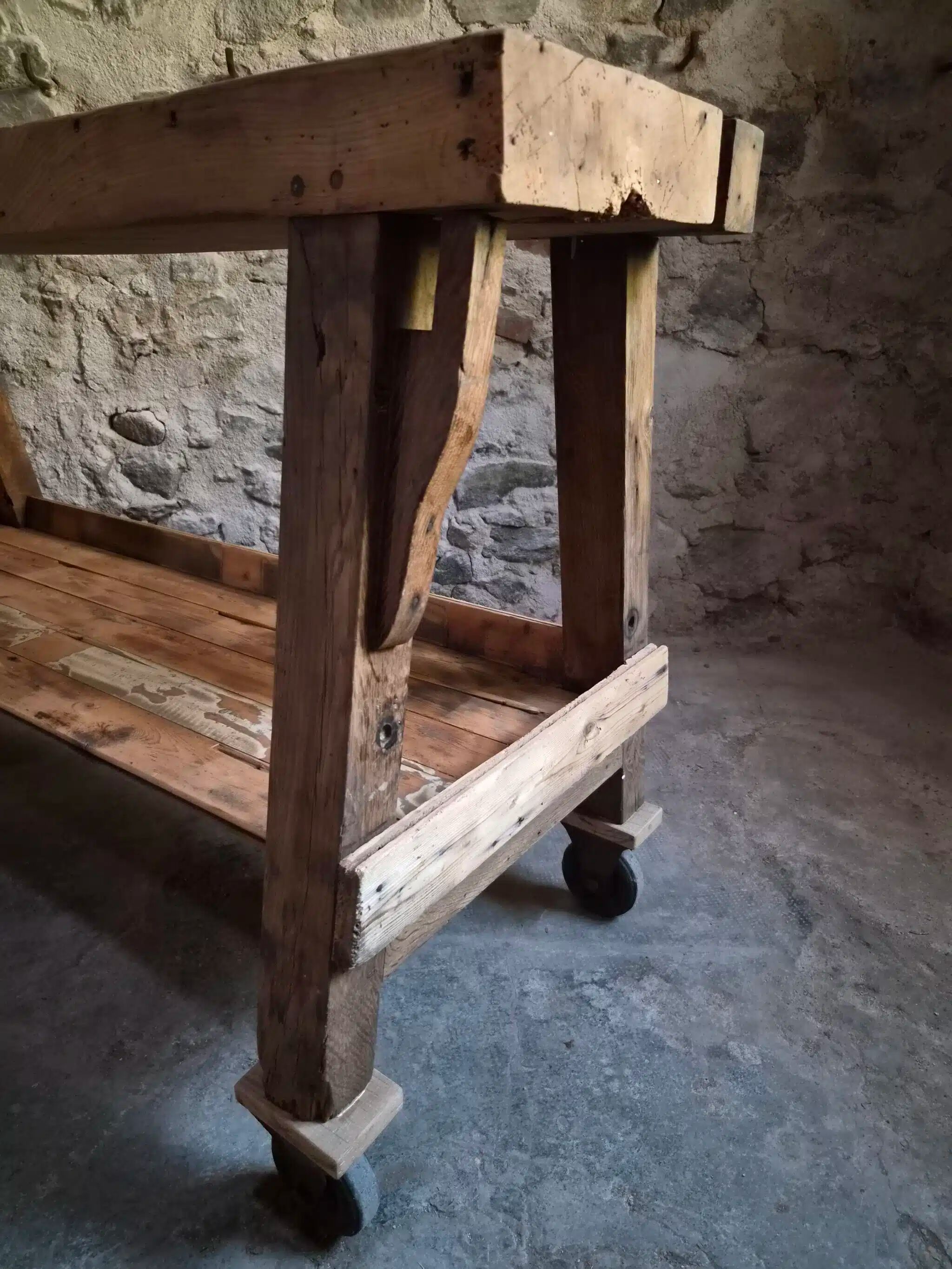 French industrial kitchen island, antique work table in chestnut and oak, circa 1900.