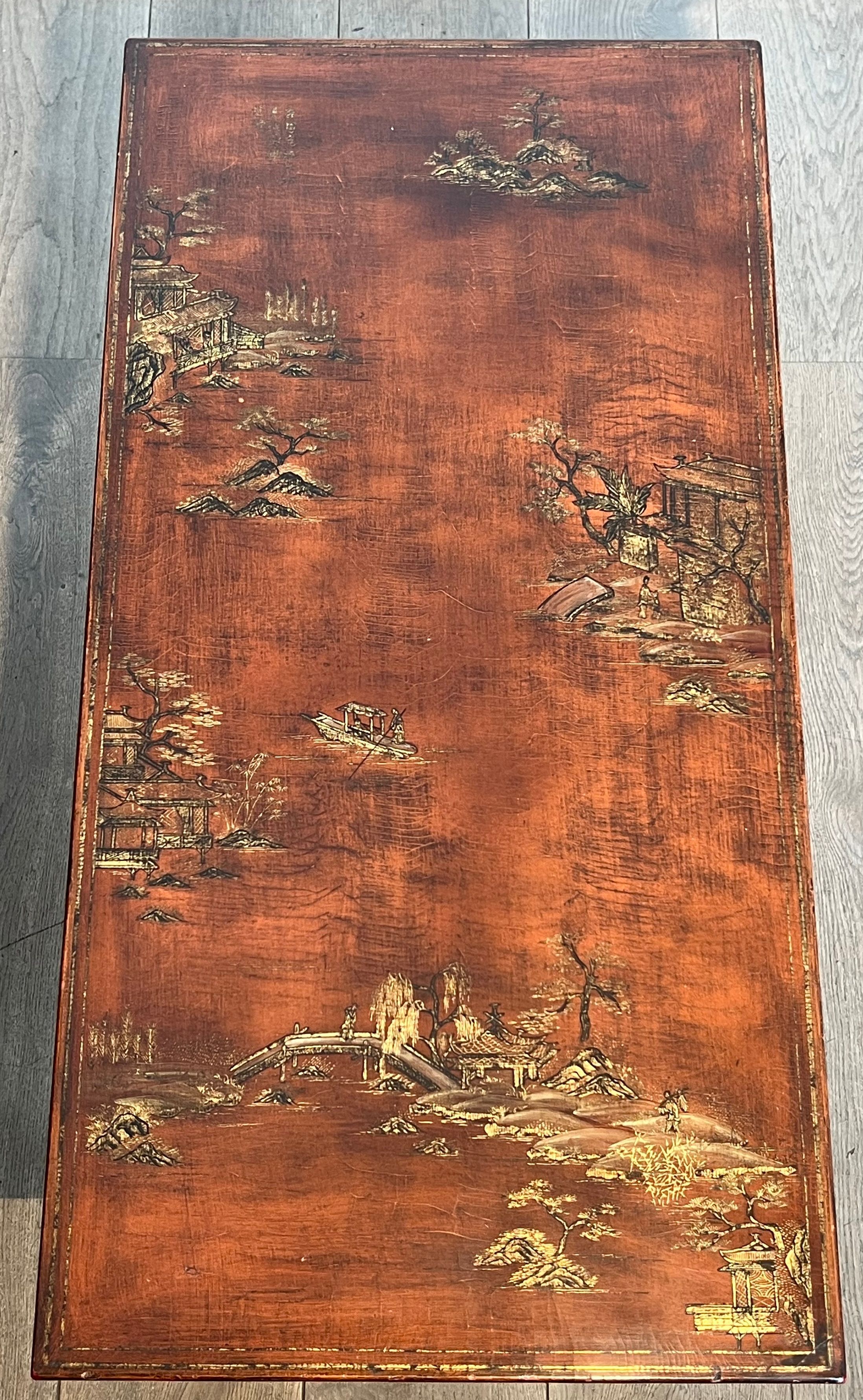 Neoclassical style brass coffee table with lacquered top depicting chinoiserie scenes, attributed to Maison Jansen