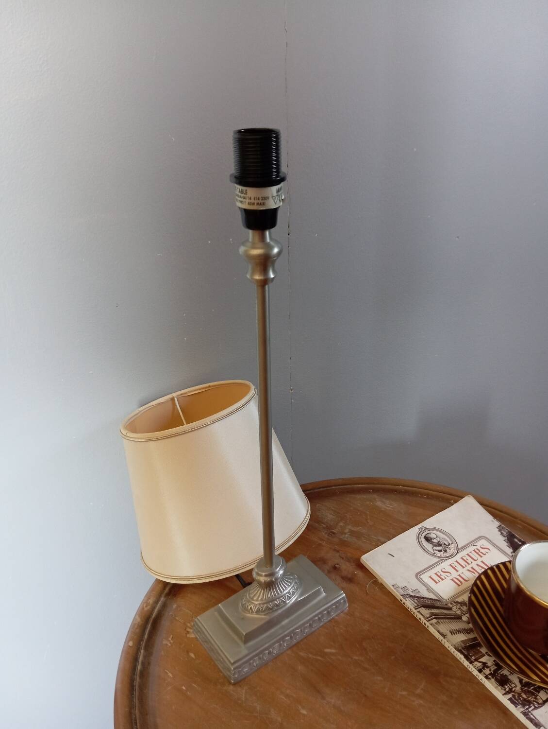 Silver metal living room lamp, cream shade, 1950s
