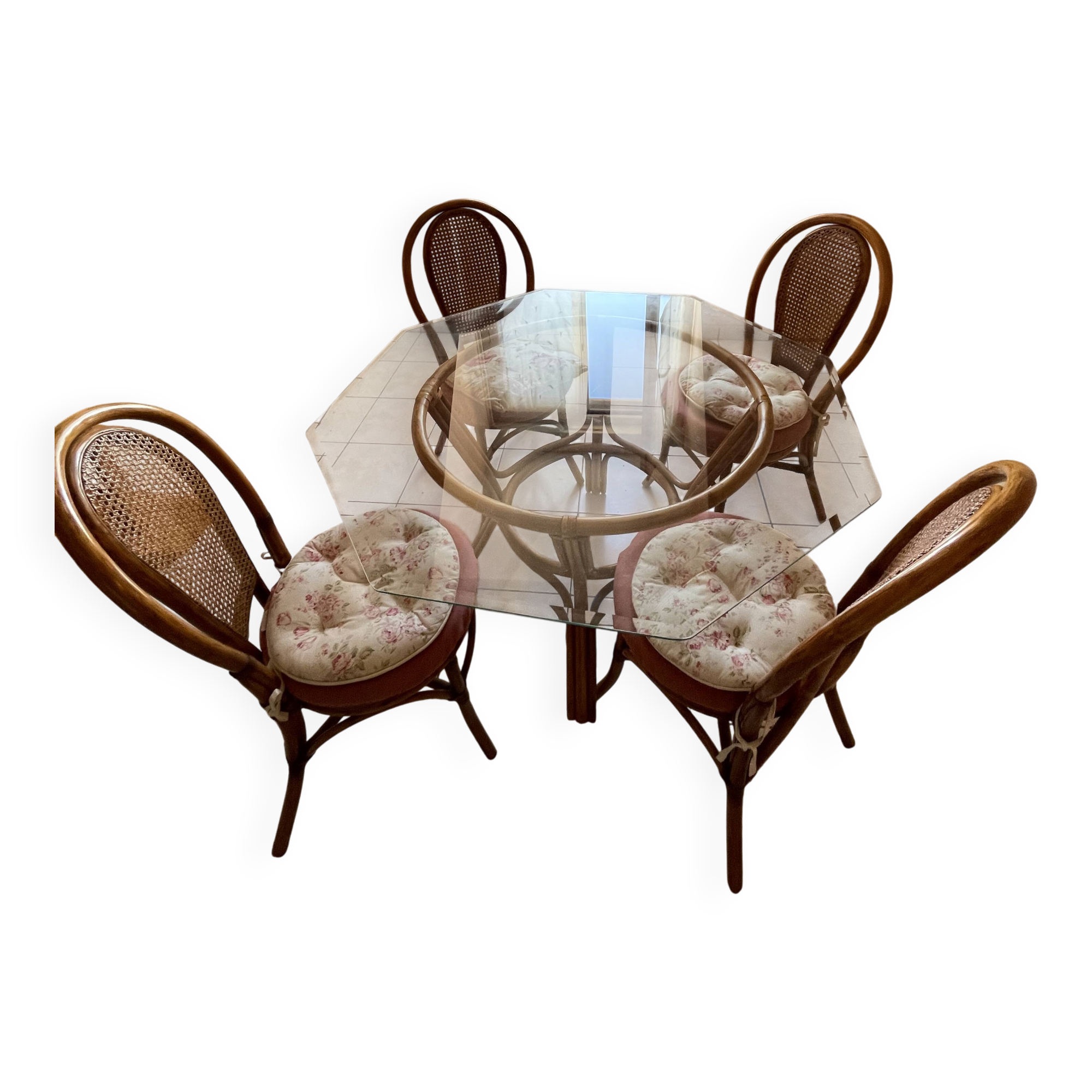 Ensemble table verre rotin et 4 chaises