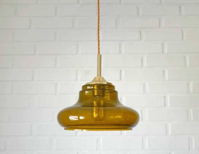 Hand-blown amber glass pendant light: MCM retro bar golden hanging lamp