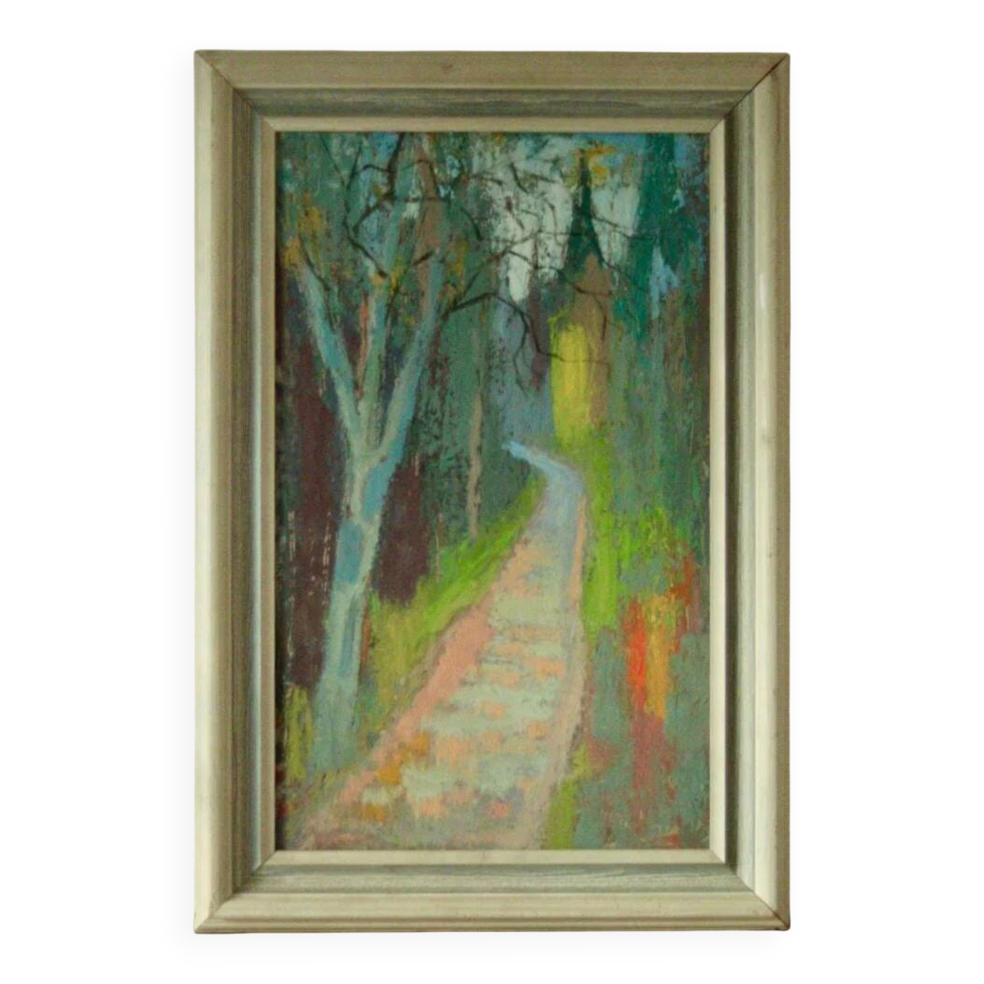 Huile sur panneau originale du milieu du siècle – « Country Lane »