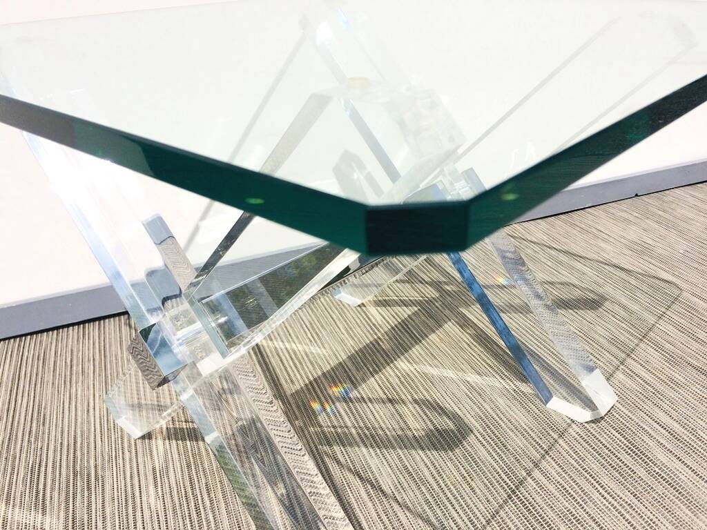 Square coffee table ' Trestles '. Plexi & glass. Vintage 80s