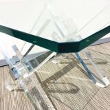 Table basse carrée ' Tréteaux ' . Plexi & verre. Vintage 80s