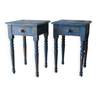 Pair of country bedside tables with blue patina