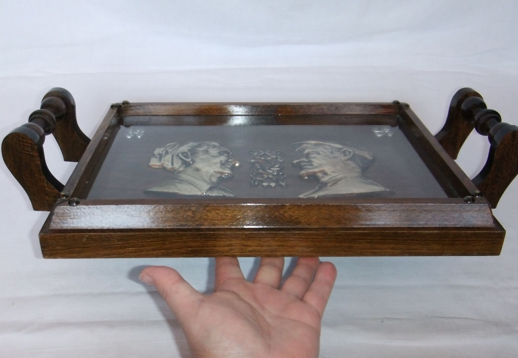 Basque service tray cross character under glass wood vintage handles painting