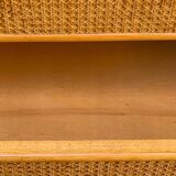 Chest of drawers and bedside table in rattan cane and oak, vintage 1970s