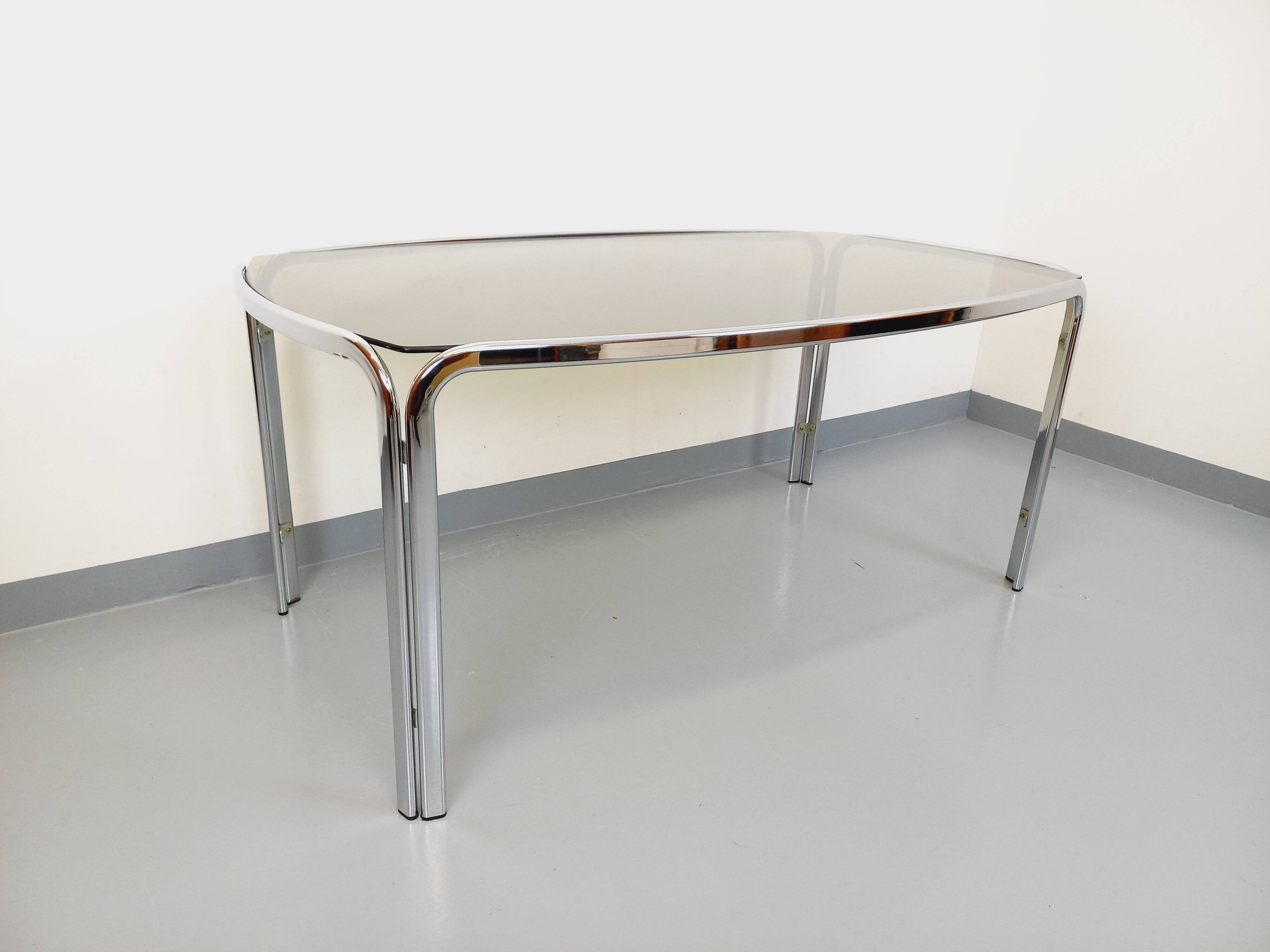 Vintage curved rectangular dining table in smoked glass and chrome metal
