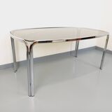 Vintage curved rectangular dining table in smoked glass and chrome metal
