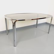 Vintage curved rectangular dining table in smoked glass and chrome metal