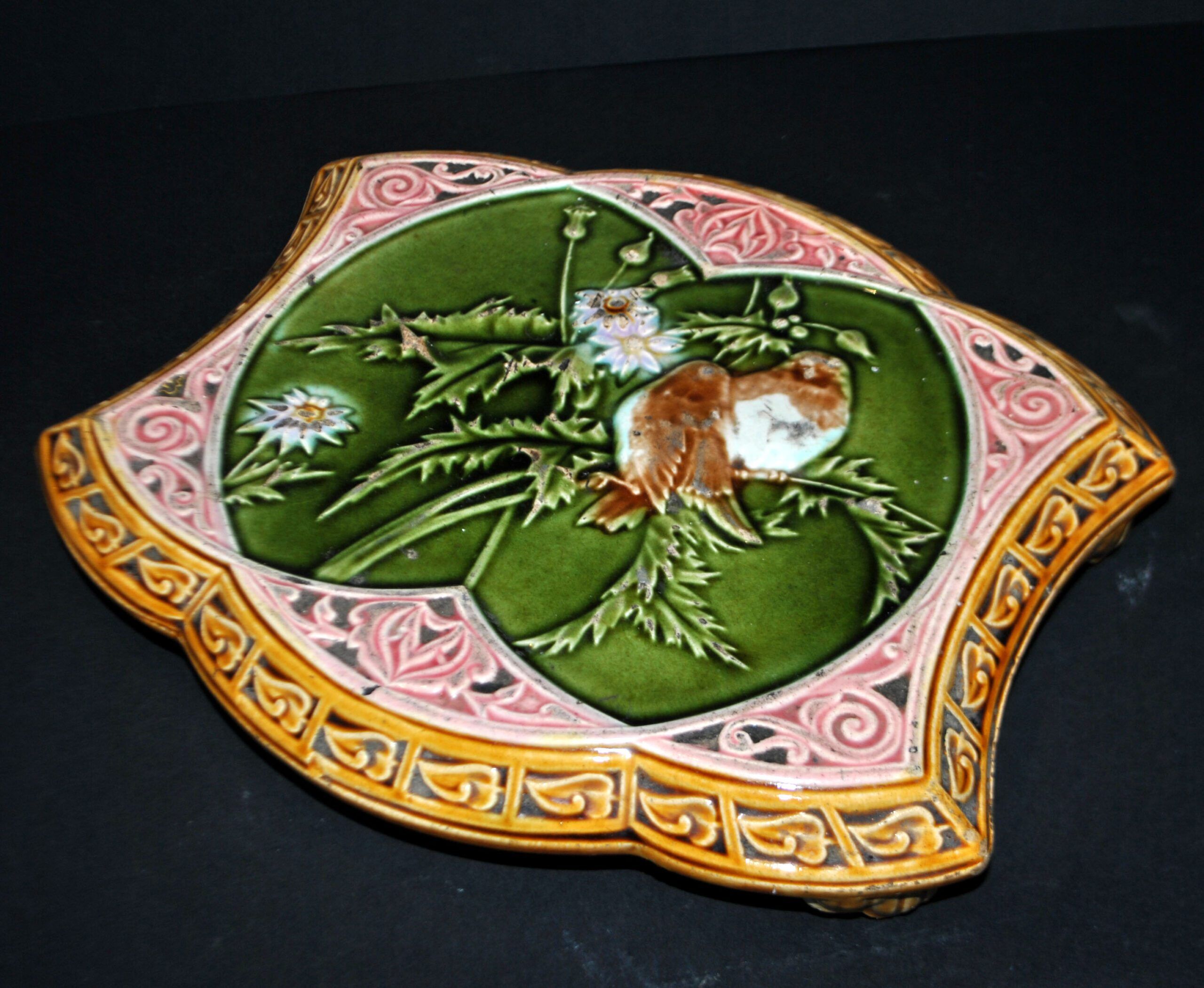 Onnaing? Art Nouveau slipware trivet with bird decoration, ceramic trivet, 1910