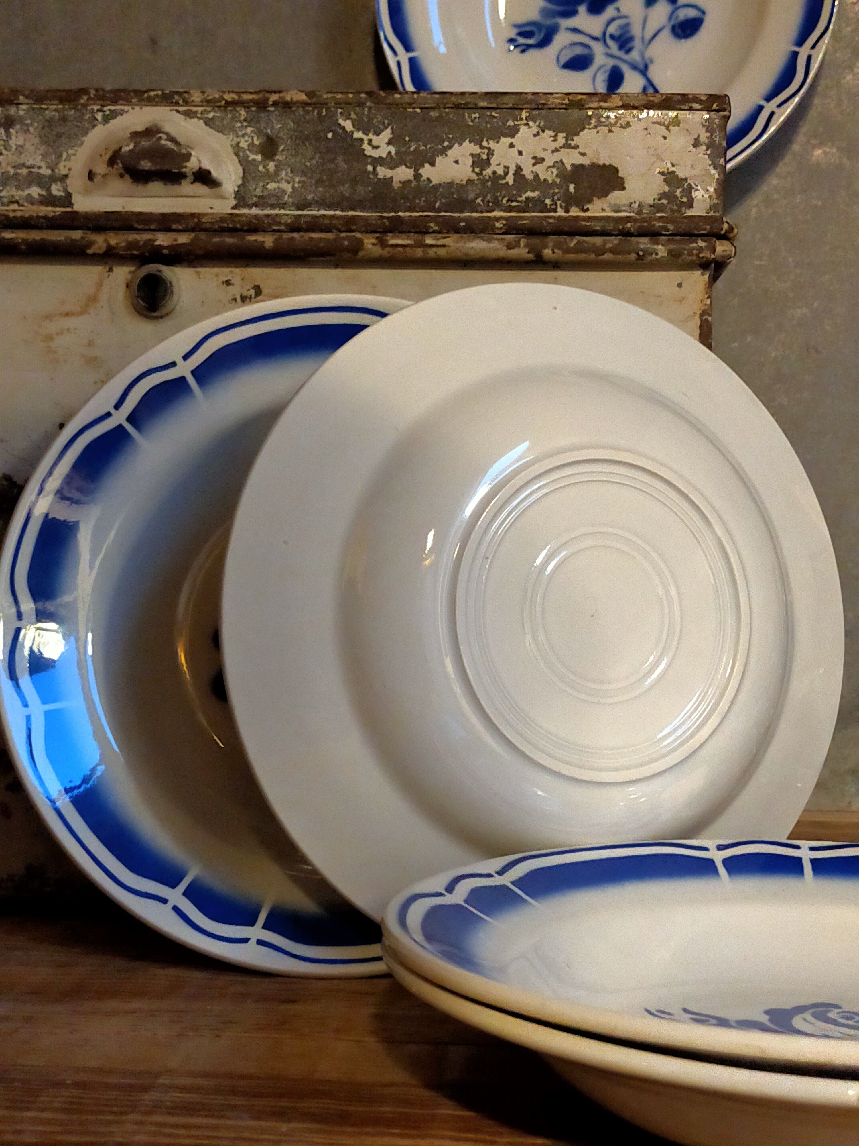 Five old "grandmother" plates with blue flowers