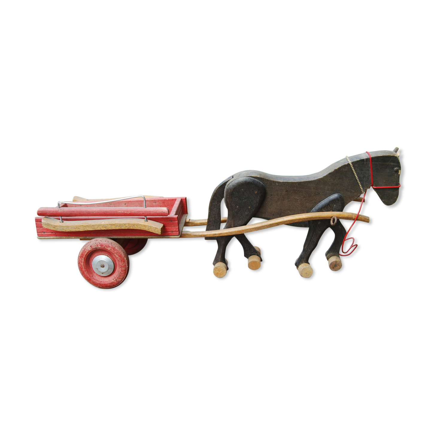 Old wooden toy Dejou. Hitch, horse and cart.
