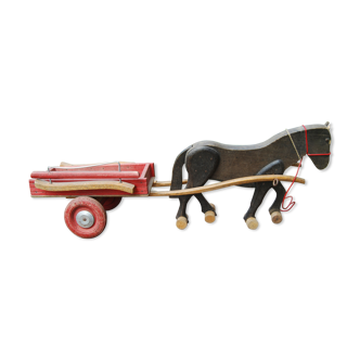 Old wooden toy Dejou. Hitch, horse and cart.