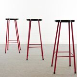 Midcentury set of 3 bar stools in red and black, 1960s-1970s