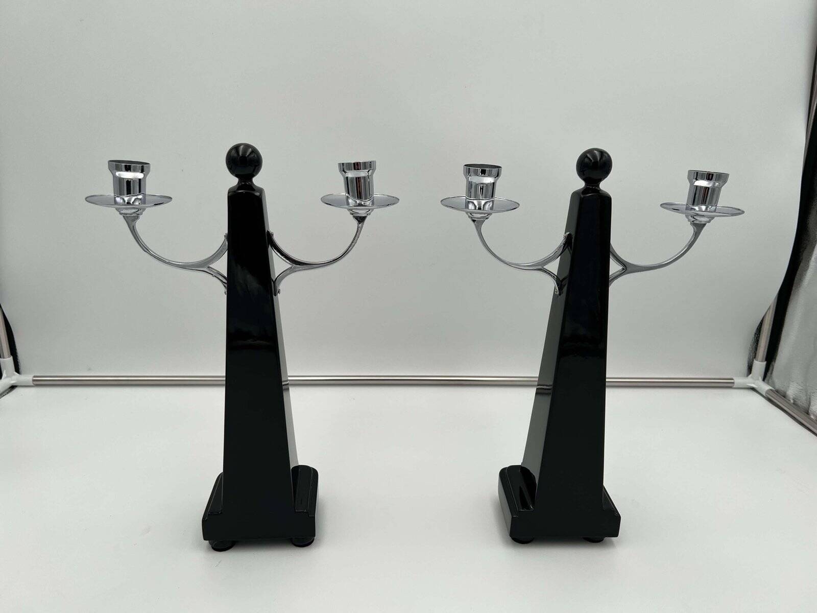 Art Deco Candlesticks in Black Lacquer, Oak & Nickel, Netherlands, 1930s, Set of 2