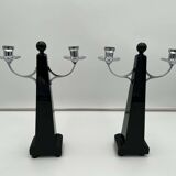 Art Deco Candlesticks in Black Lacquer, Oak & Nickel, Netherlands, 1930s, Set of 2