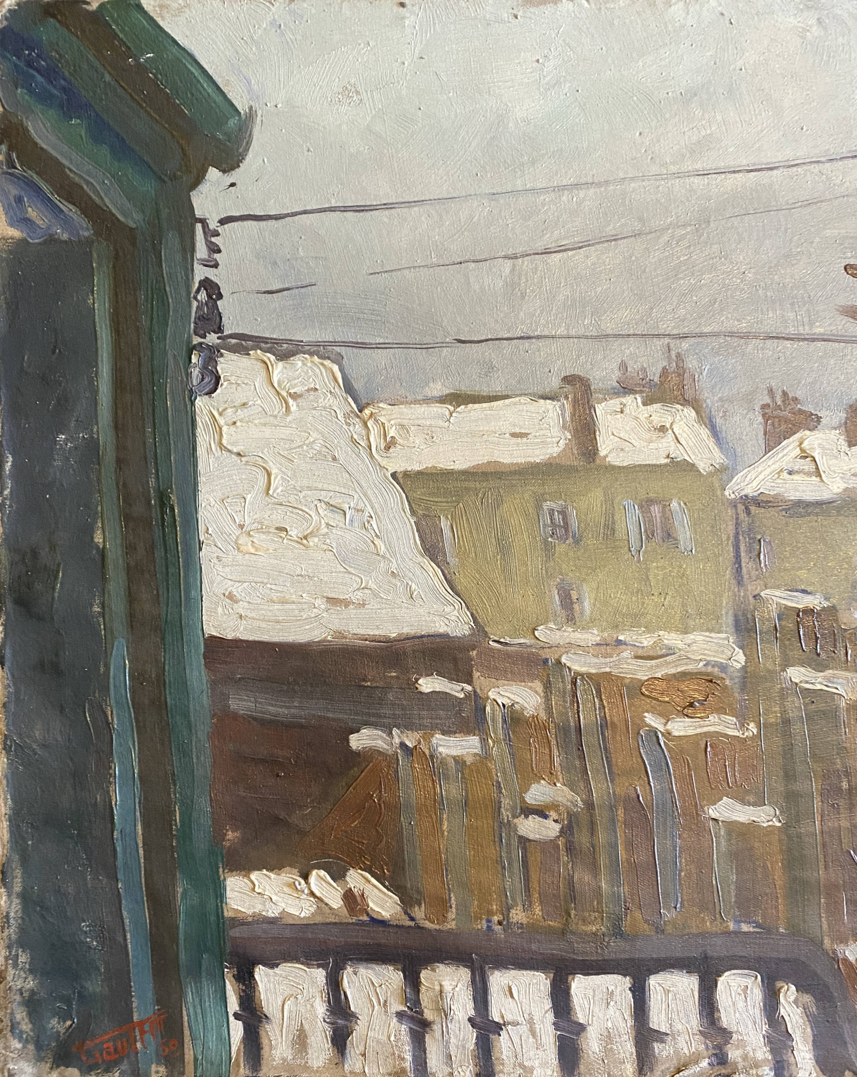 HST painting "Snowy roofs" by Marcel GAULT (1899-1989) painter from Franche-Comté