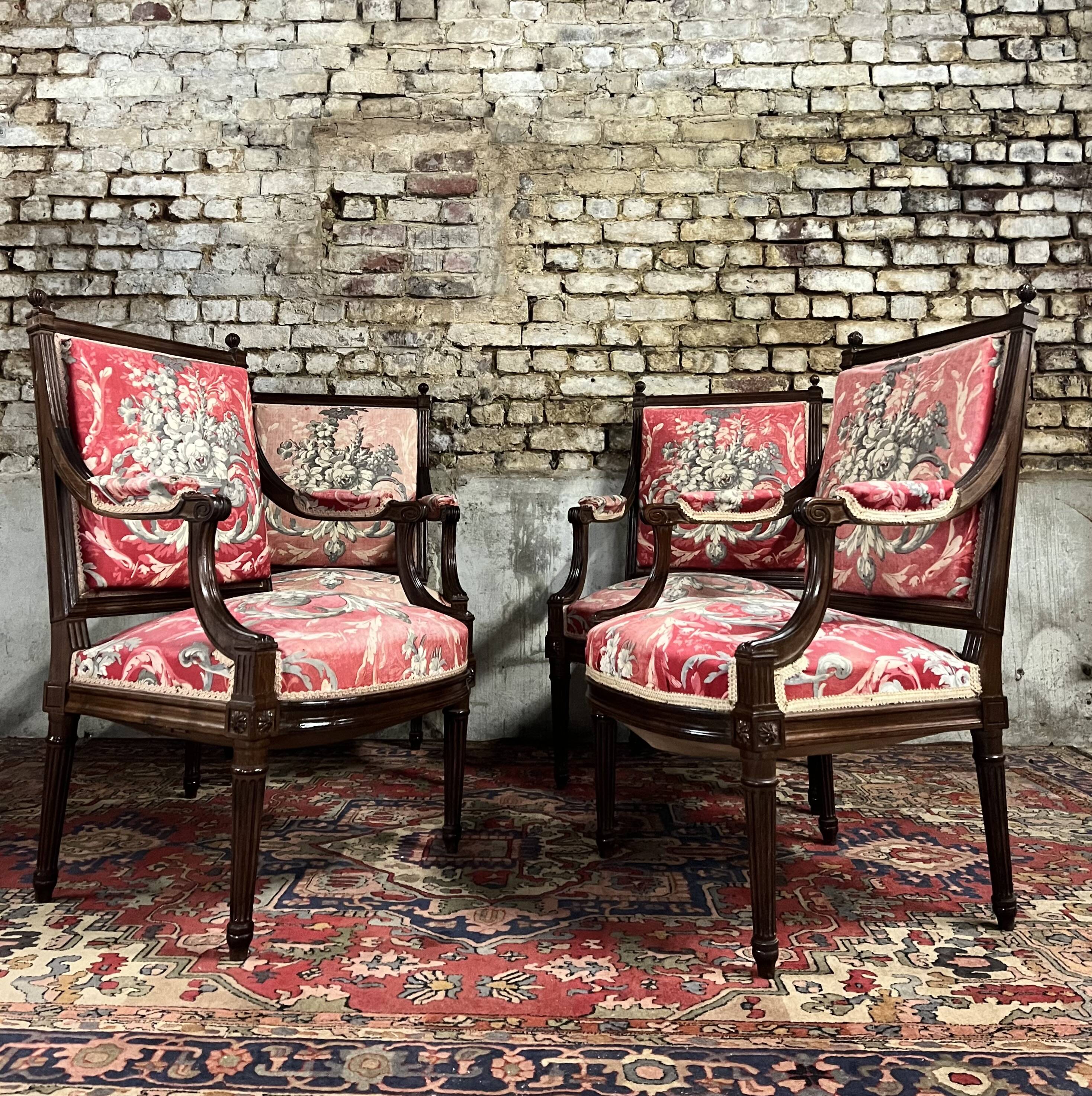 Suite of four queen's armchairs in louis xvi style mahogany xix eme century