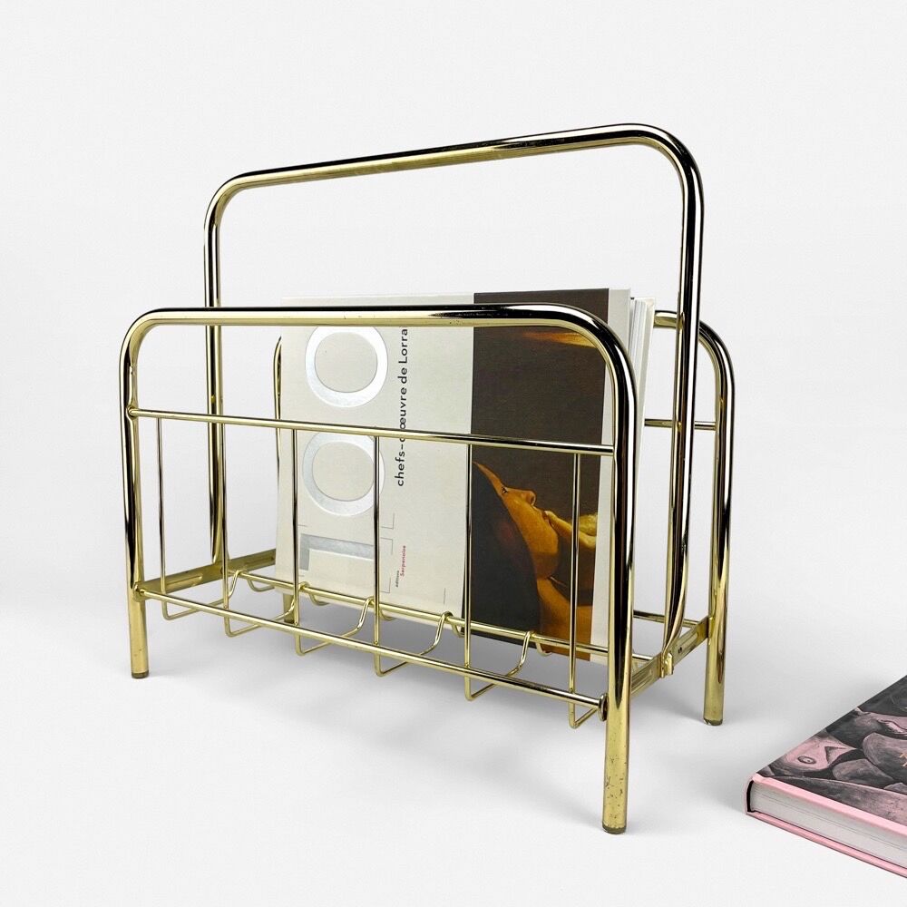 Graphic magazine holder in golden brass 70s