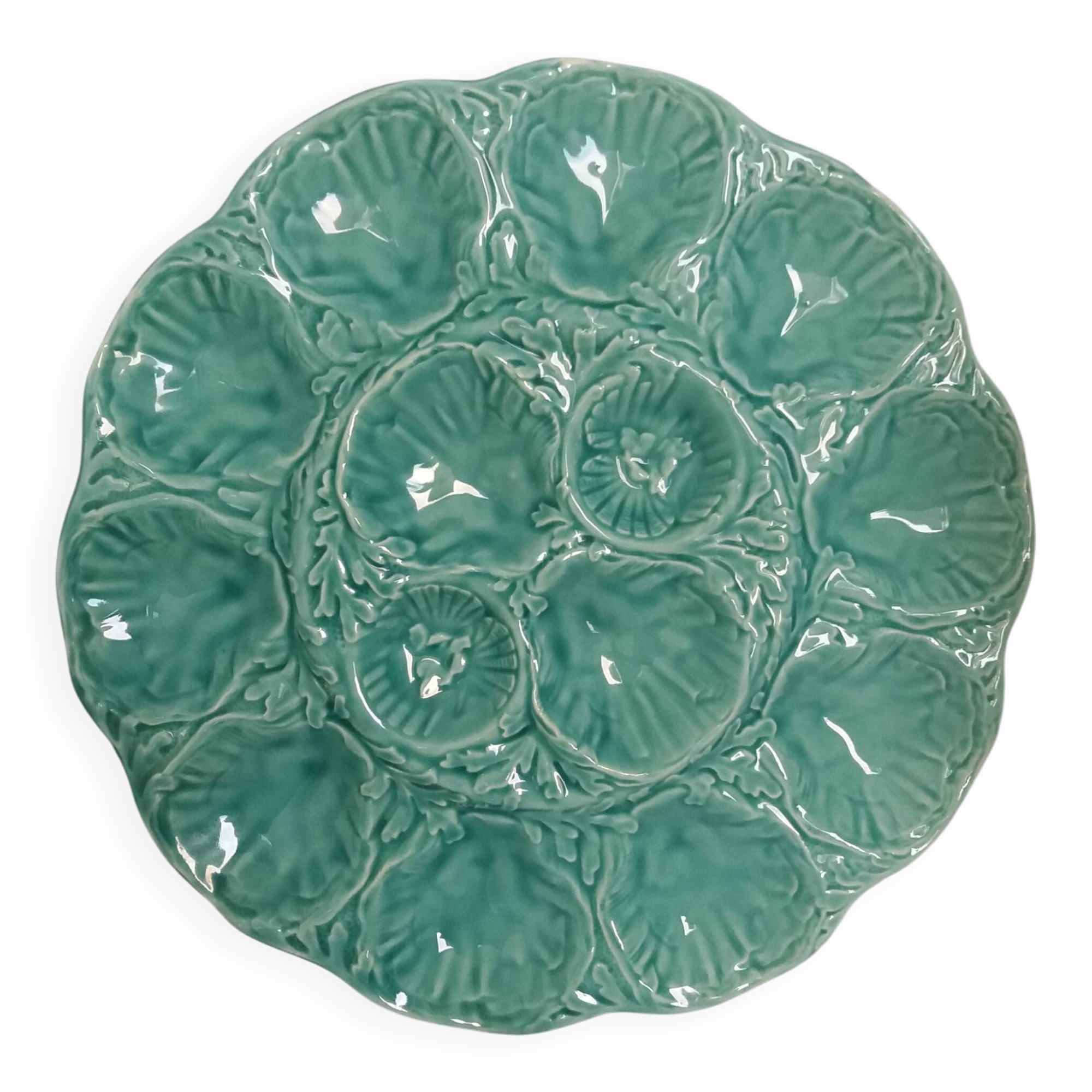 Plat à huître en barbotine turquoise Gien France