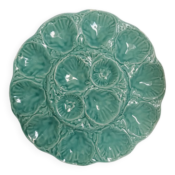 Turquoise barbotine oyster dish Gien France