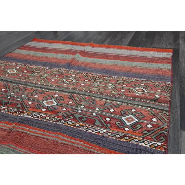 1970s Turkish hand-knotted wool cotton red kilim area rug 123x145