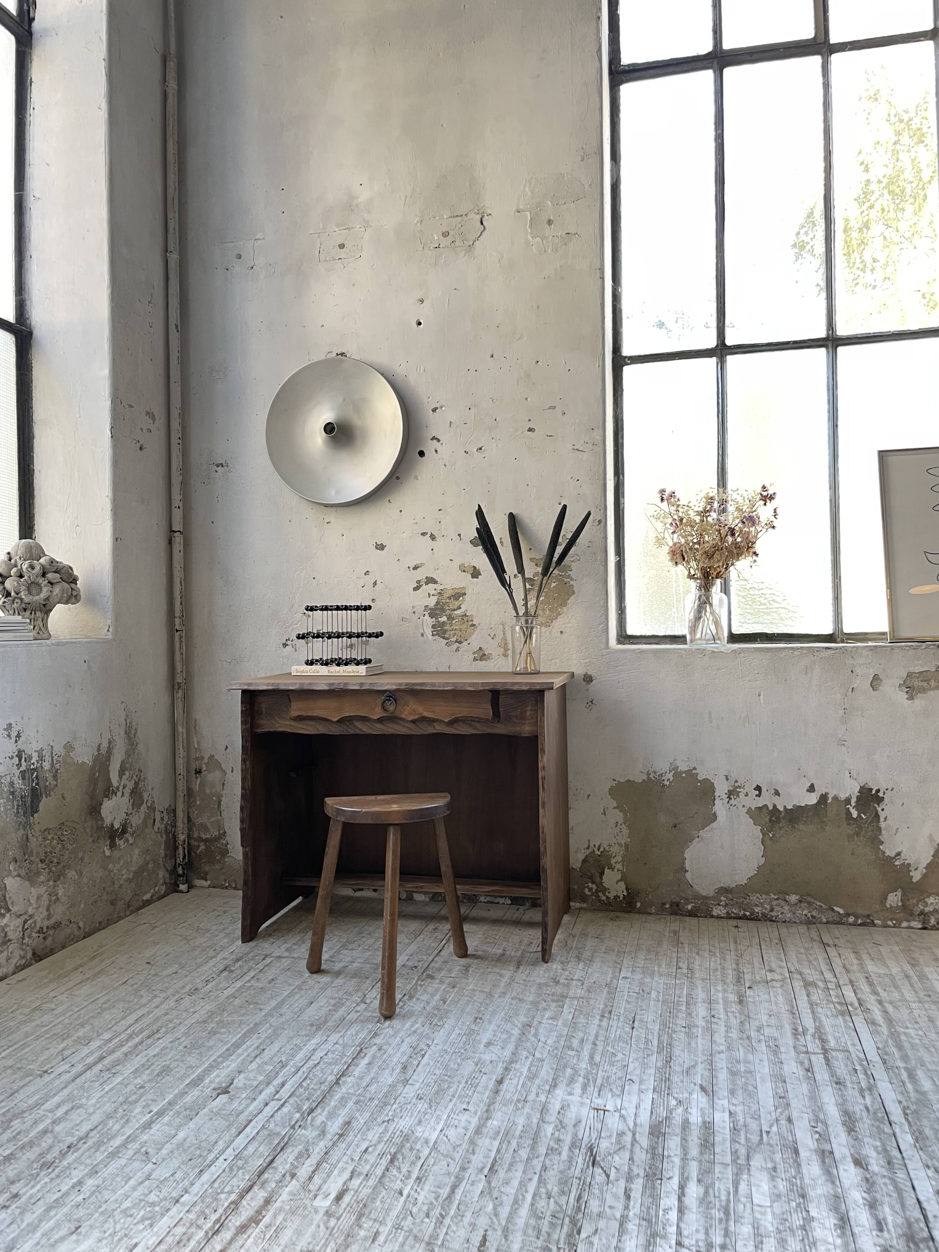 Brutalist desk in elm, signed Aranjou.