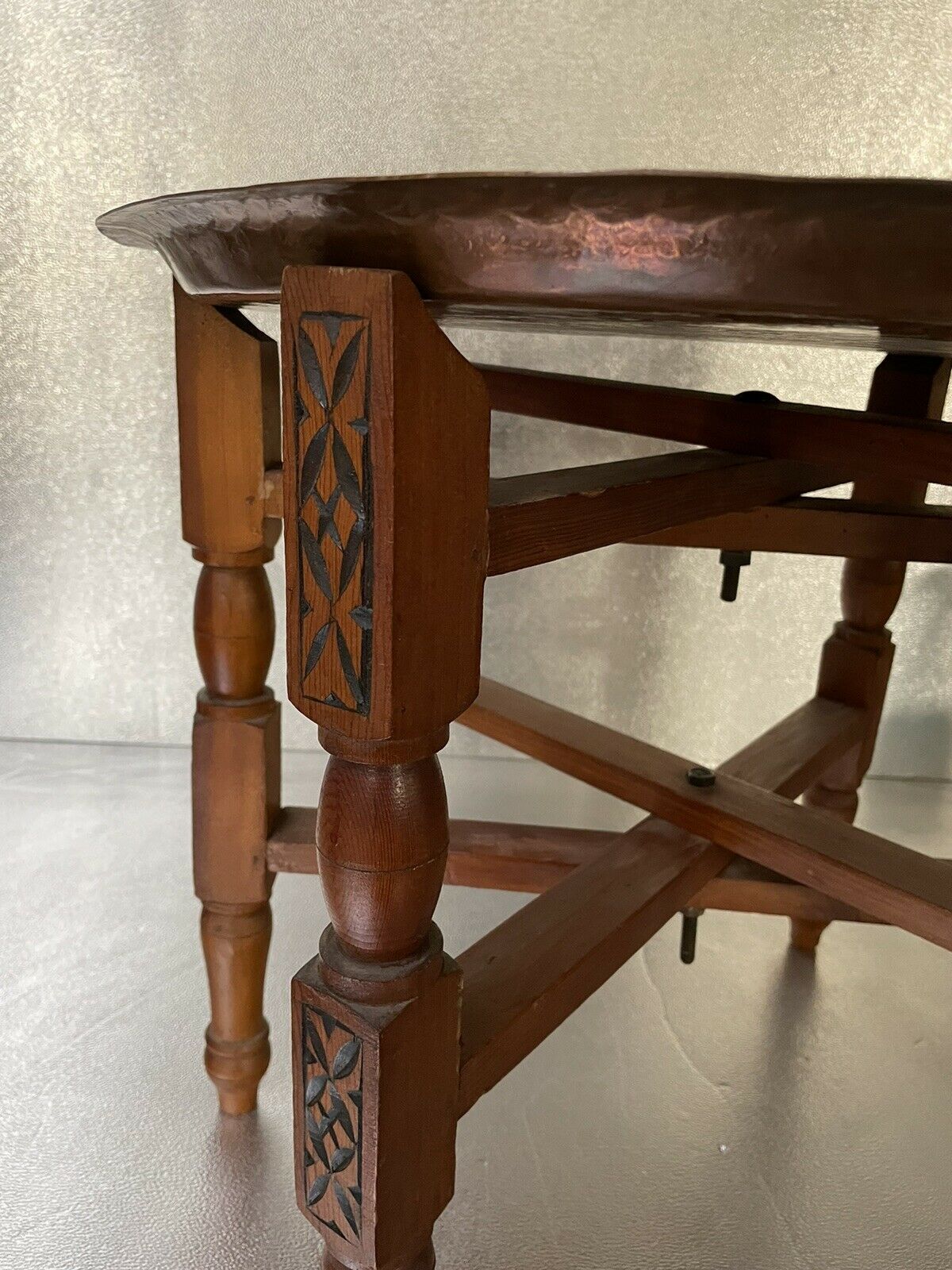 Oriental tea table, moroccan, copper top, engraved wood base, ethnic