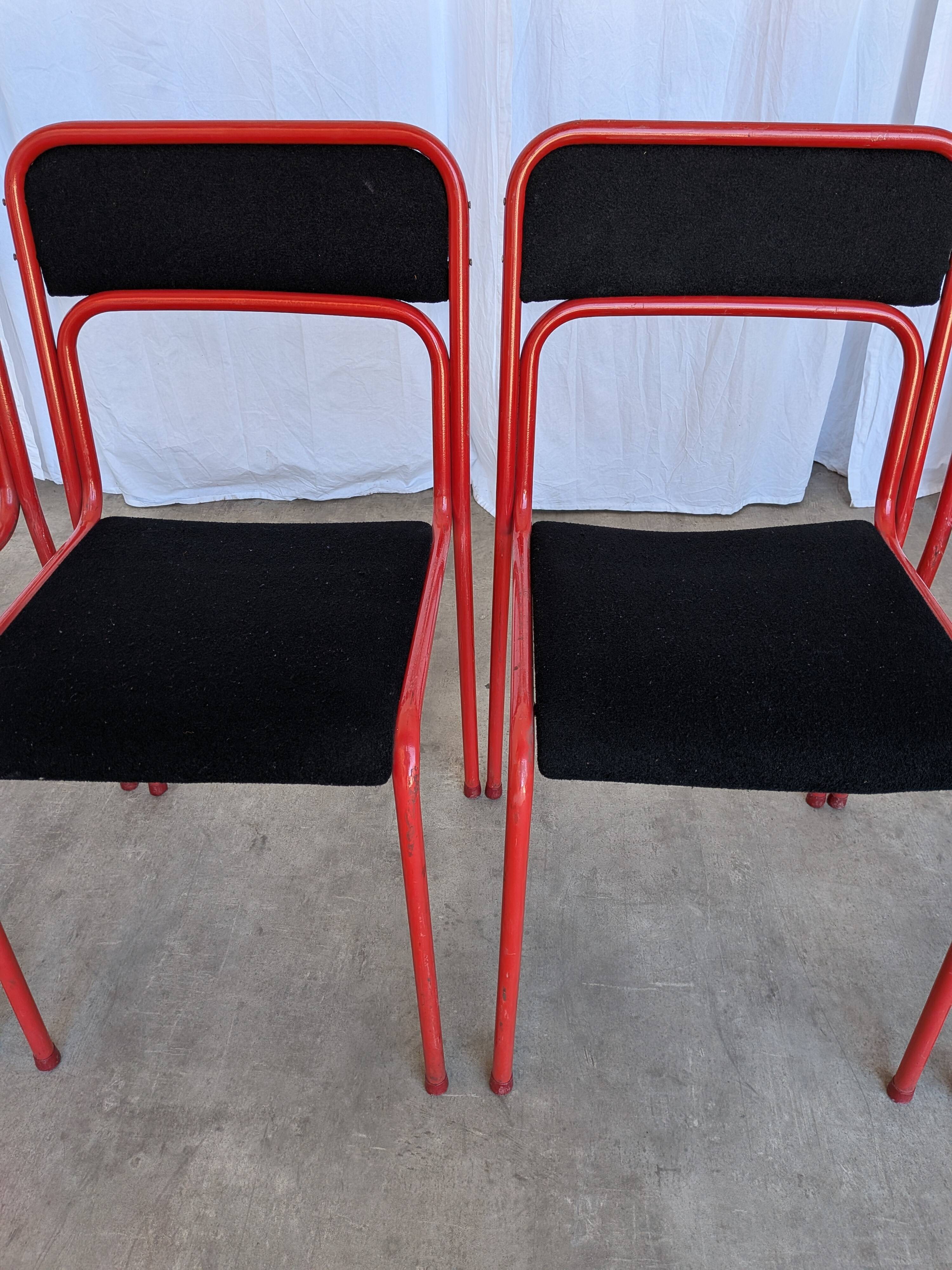 Set of 4 1970s Red & Black Metal Chair: Space Age Stackable Dining Chair