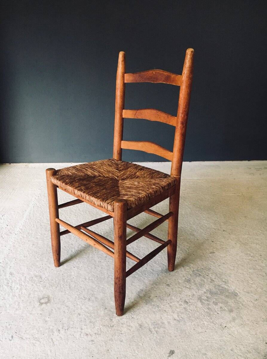 Low rustic ladder back dining chairs in oak and rush, Belgium, 1950s, set of 6.