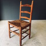 Low rustic ladder back dining chairs in oak and rush, Belgium, 1950s, set of 6.