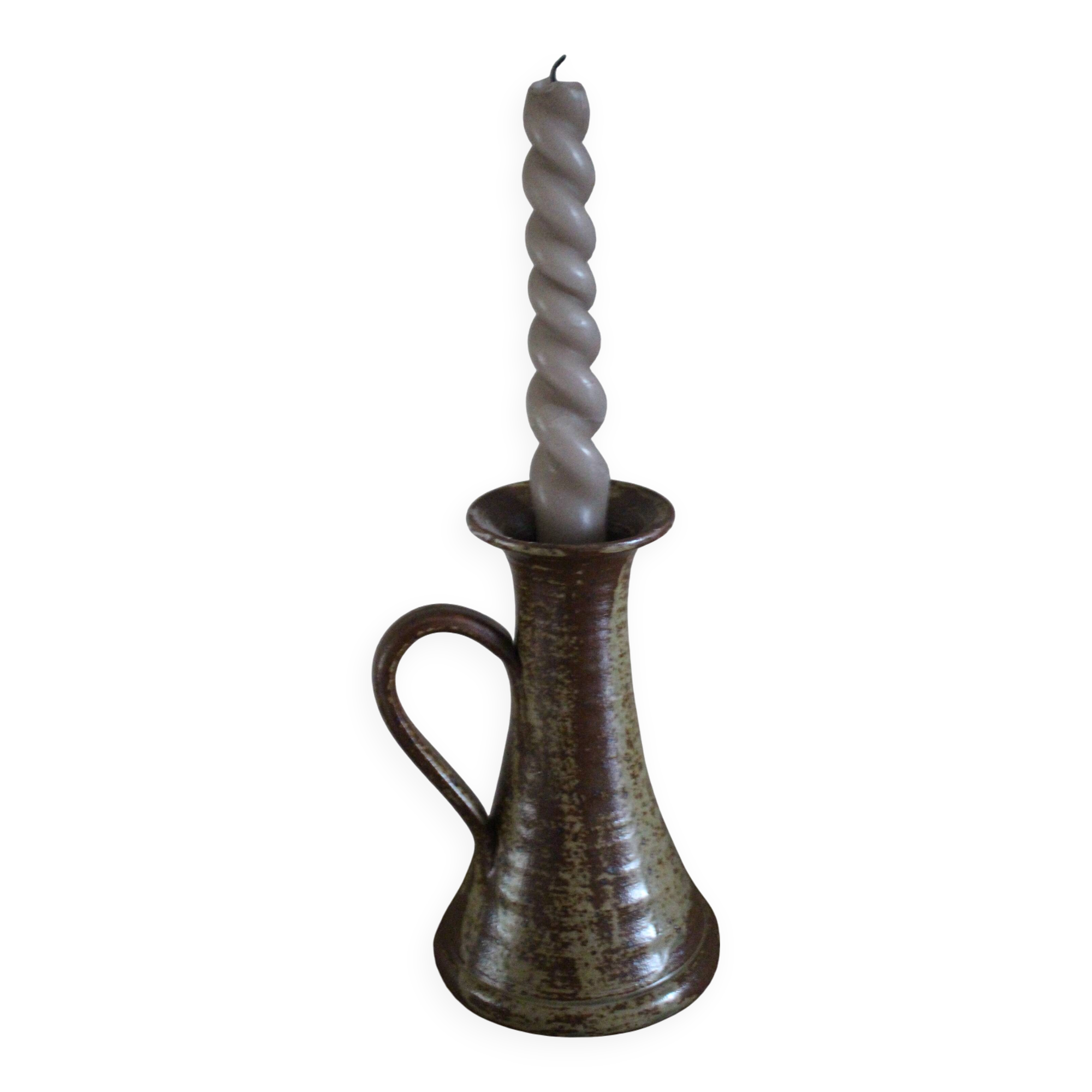 Vintage stoneware candle holder with pyrite glaze and handle