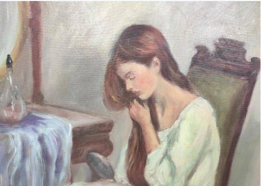 Jeune fille se peignant les cheveux 1984 signé, Portrait