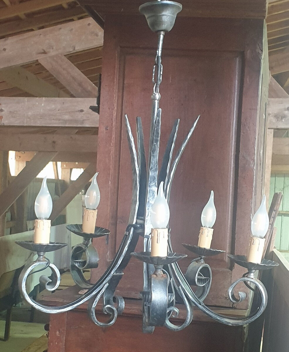 Lustre fer forgé 5 lampes - XXè