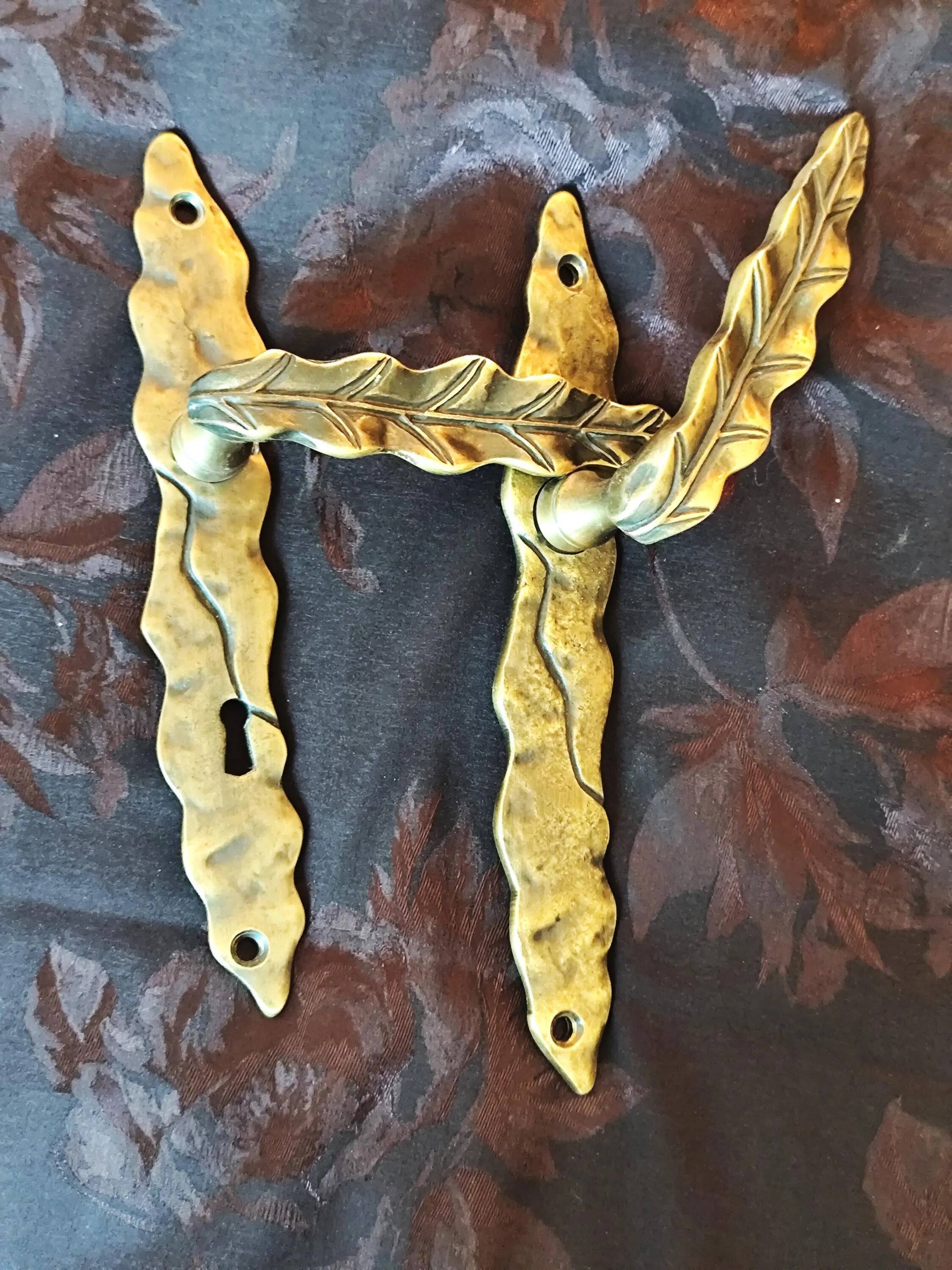 Pair of brass door handles with their cover plates