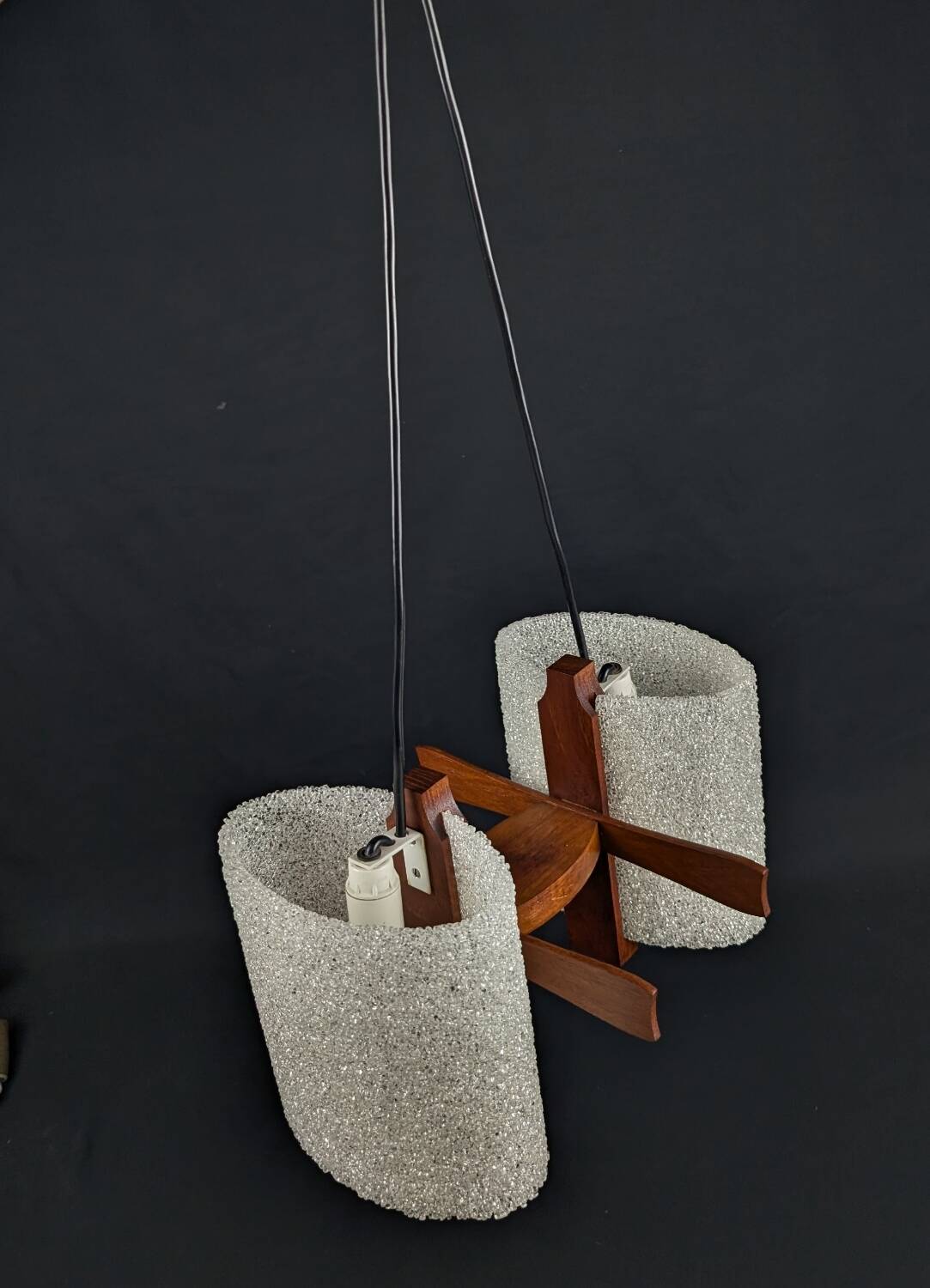 Scandinavian 2-light pendant light in teak and frosted perspex, 1960