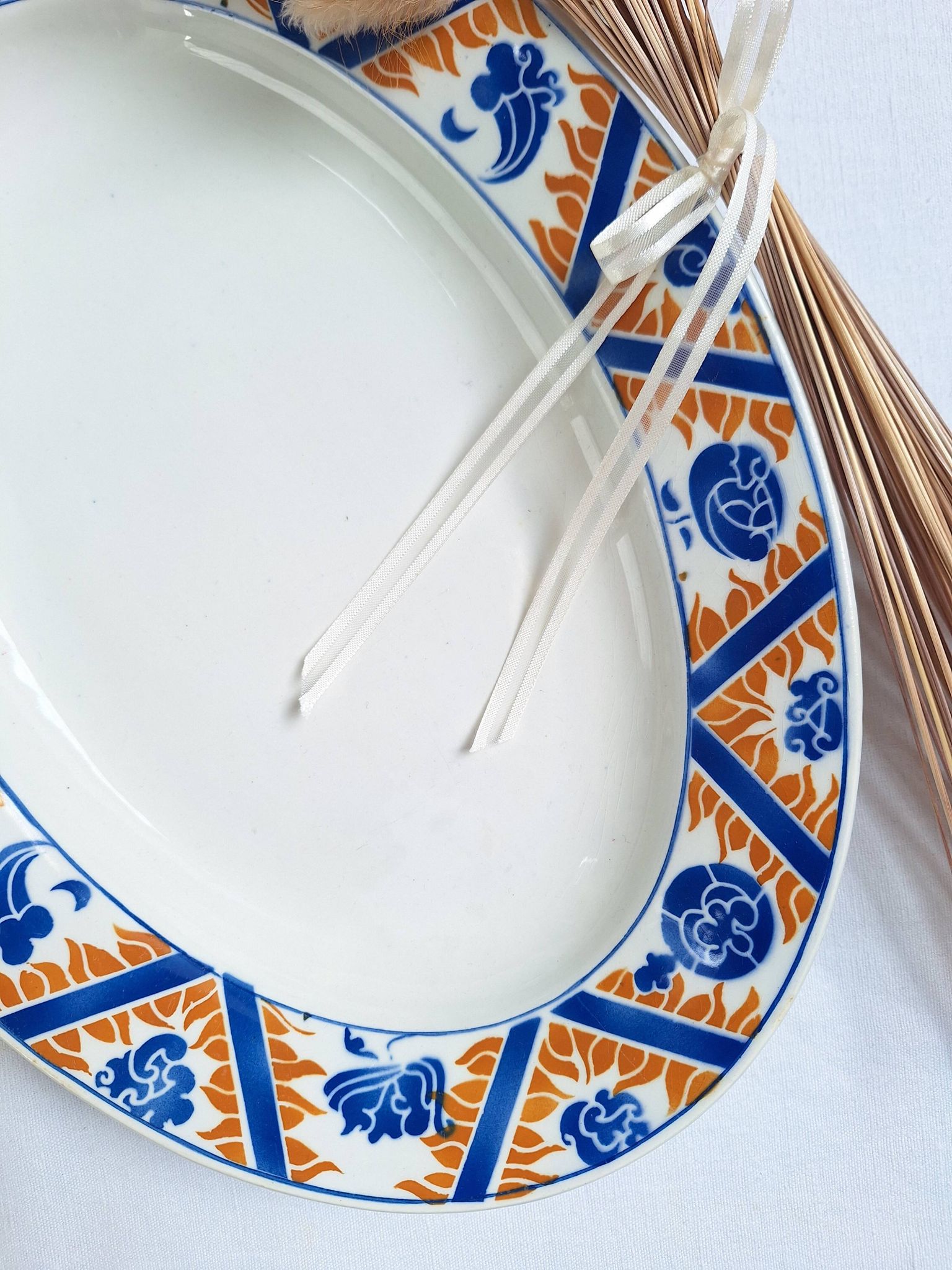 Oval dish Moulin des Loups Canada blue and orange Art Deco/Art Nouveau
