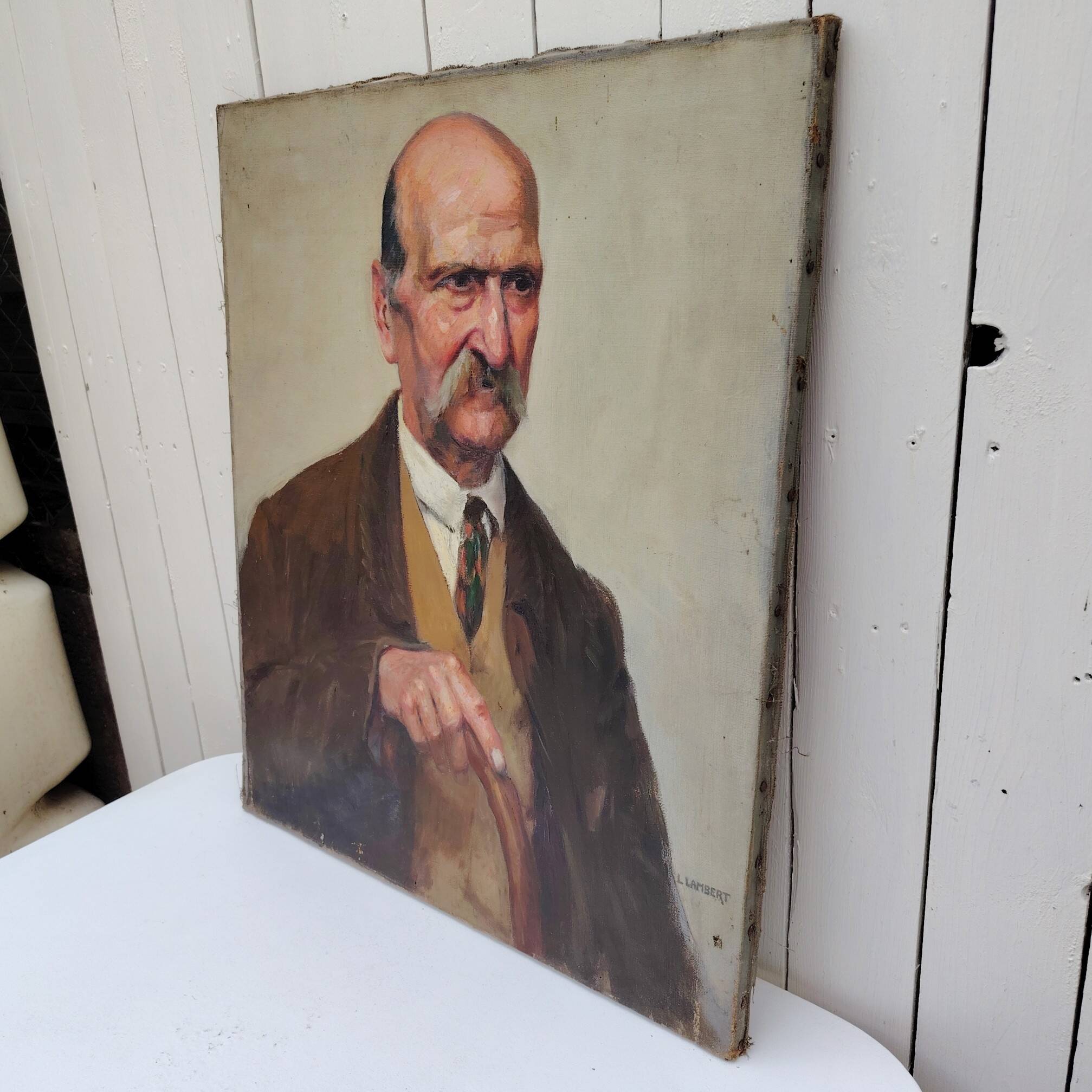 Portrait of grandfather, oil on canvas, L. Lambert, vintage