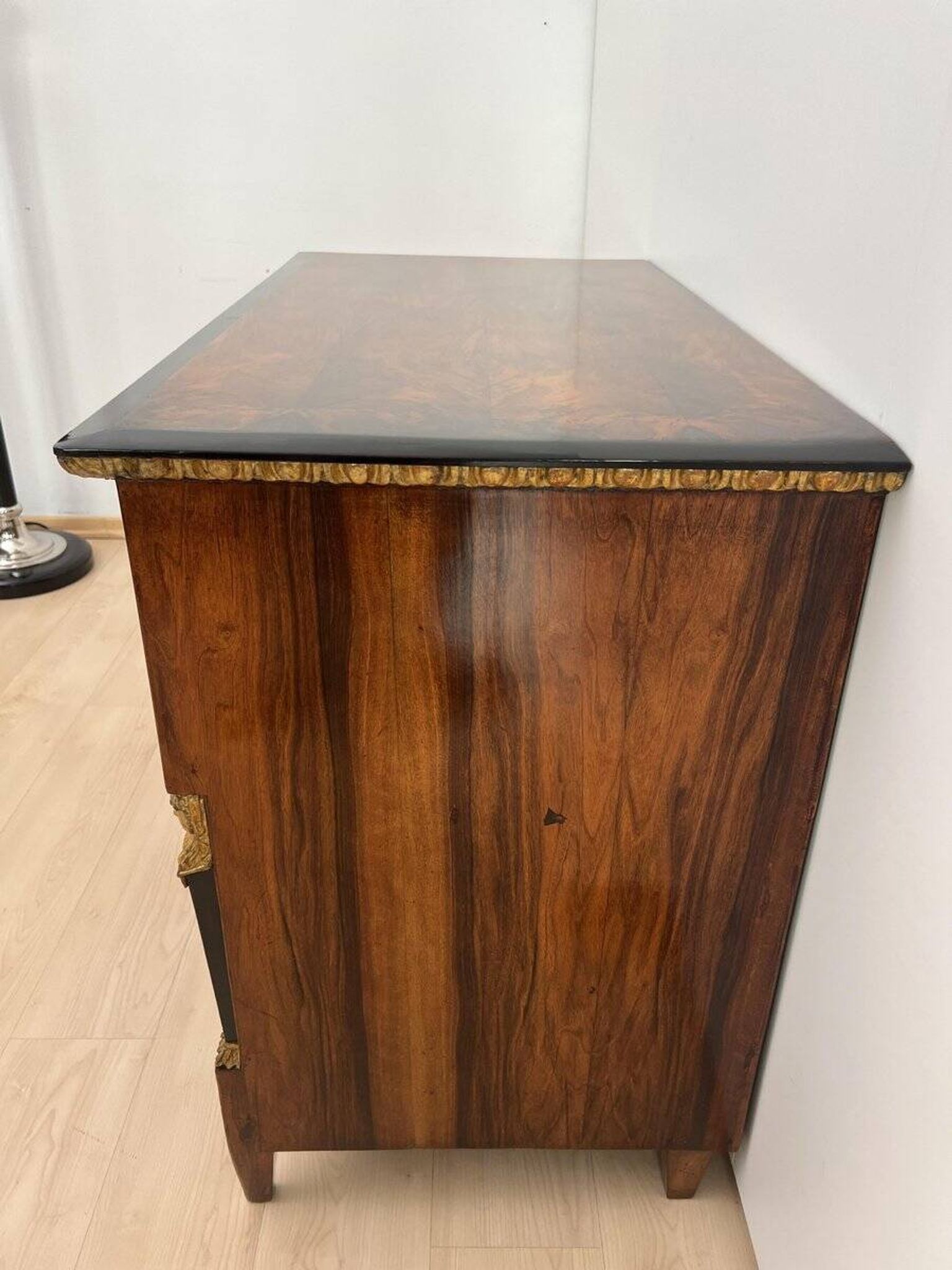 Biedermeier Chest in Walnut Veneer, Cherry, Gold Leaf & Brass, Austria, 1815