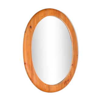 Mid-century oval mirror in solid pine Sweden 1960s 120x95cm