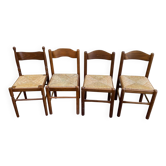 Set of 4 vintage chairs in solid wood and straw — Brutalist / rustic style