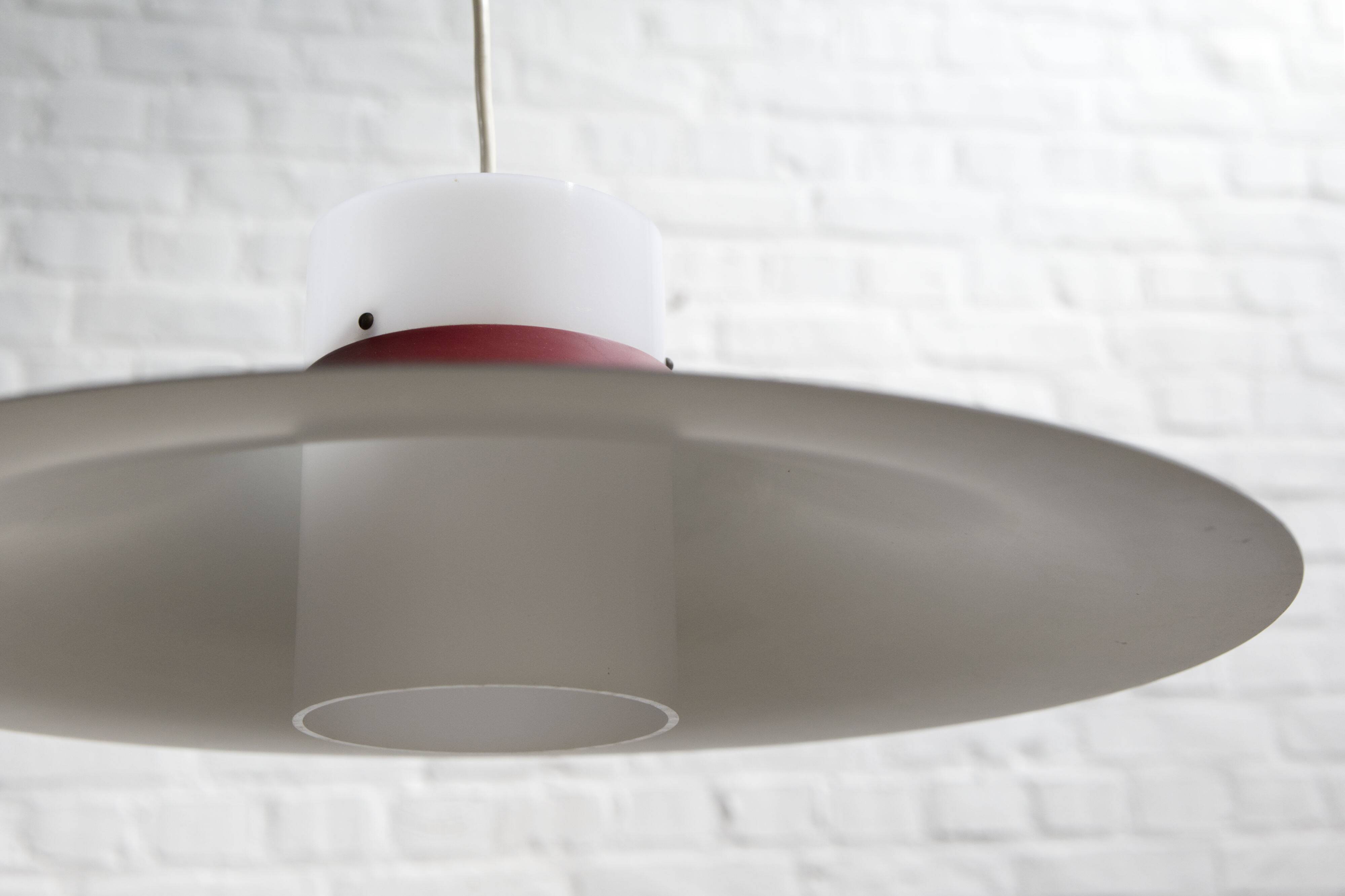 Danish red metal and opal plastic pendant lamp, 1960s