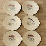 6 anciennes assiettes à poisson en faïence salins france vintage ovales