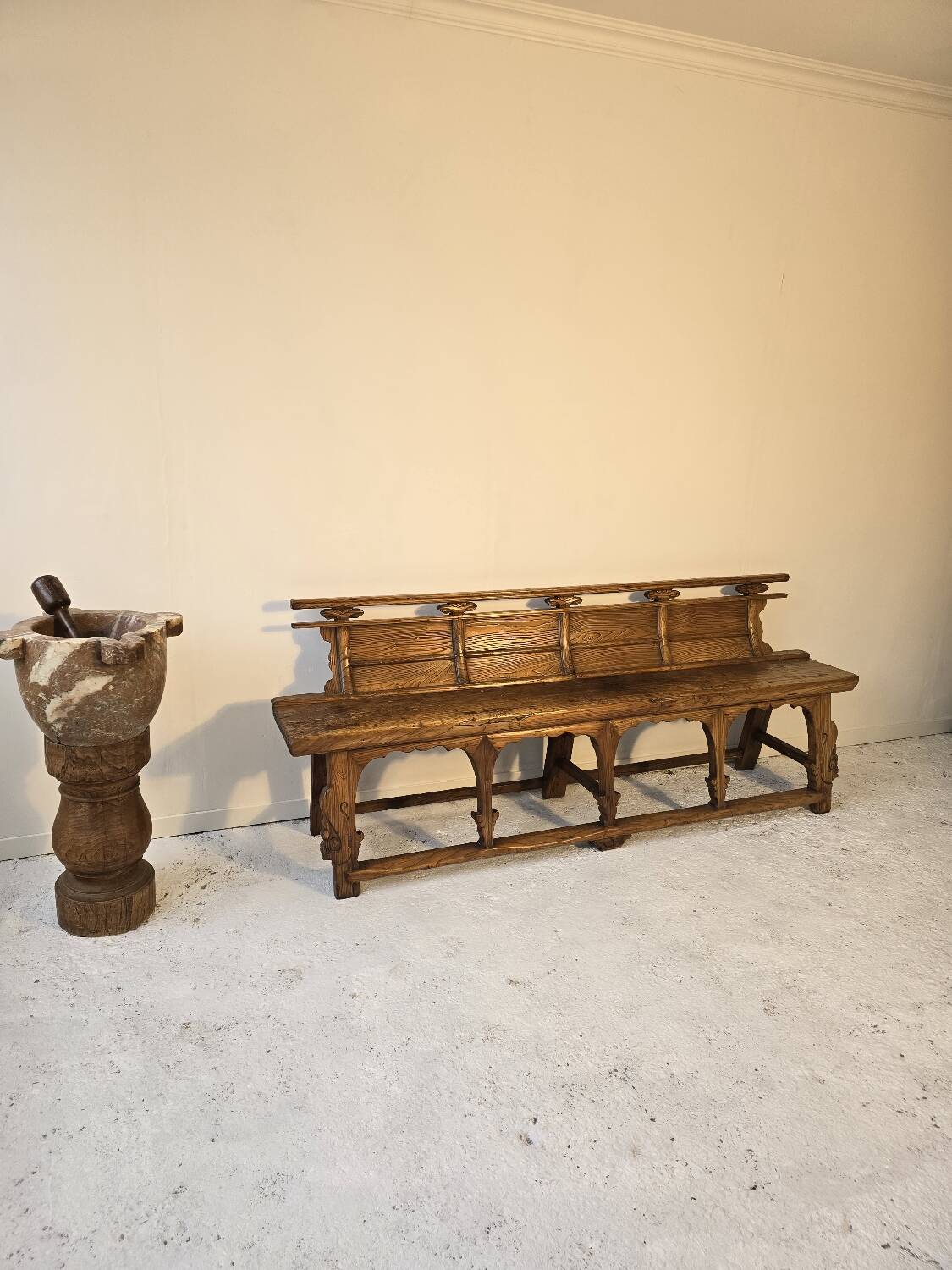 Chinese bench, 19th century, solid elm, temple